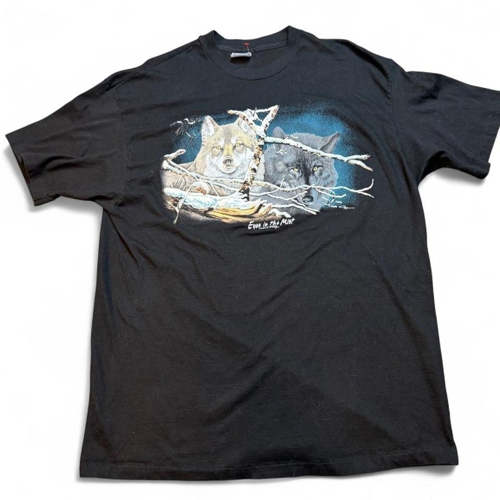 Vintage eyes in the mist wolf wildlife black single stitch T-shirt fits XL